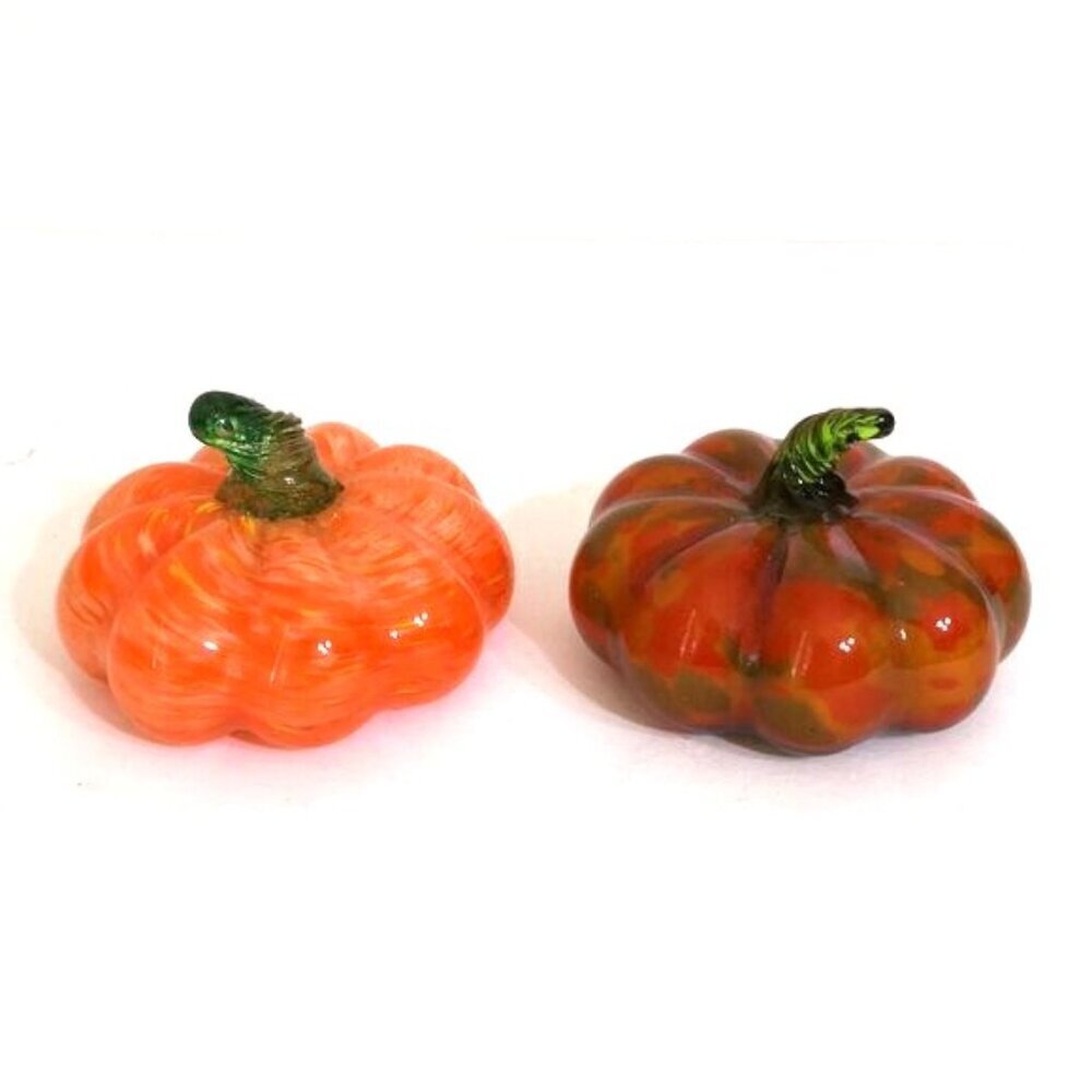 Lot of 2 Hand Blown Glass Pumpkins Autumn‎ Thanksgiving 3 1/4"W x2 1/2"H